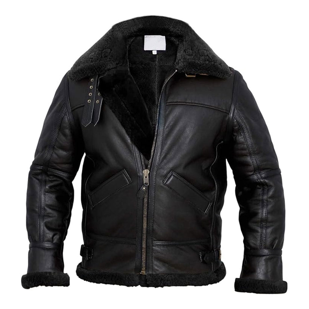 Mens Shearling Adjustable Collar Leather Jacket