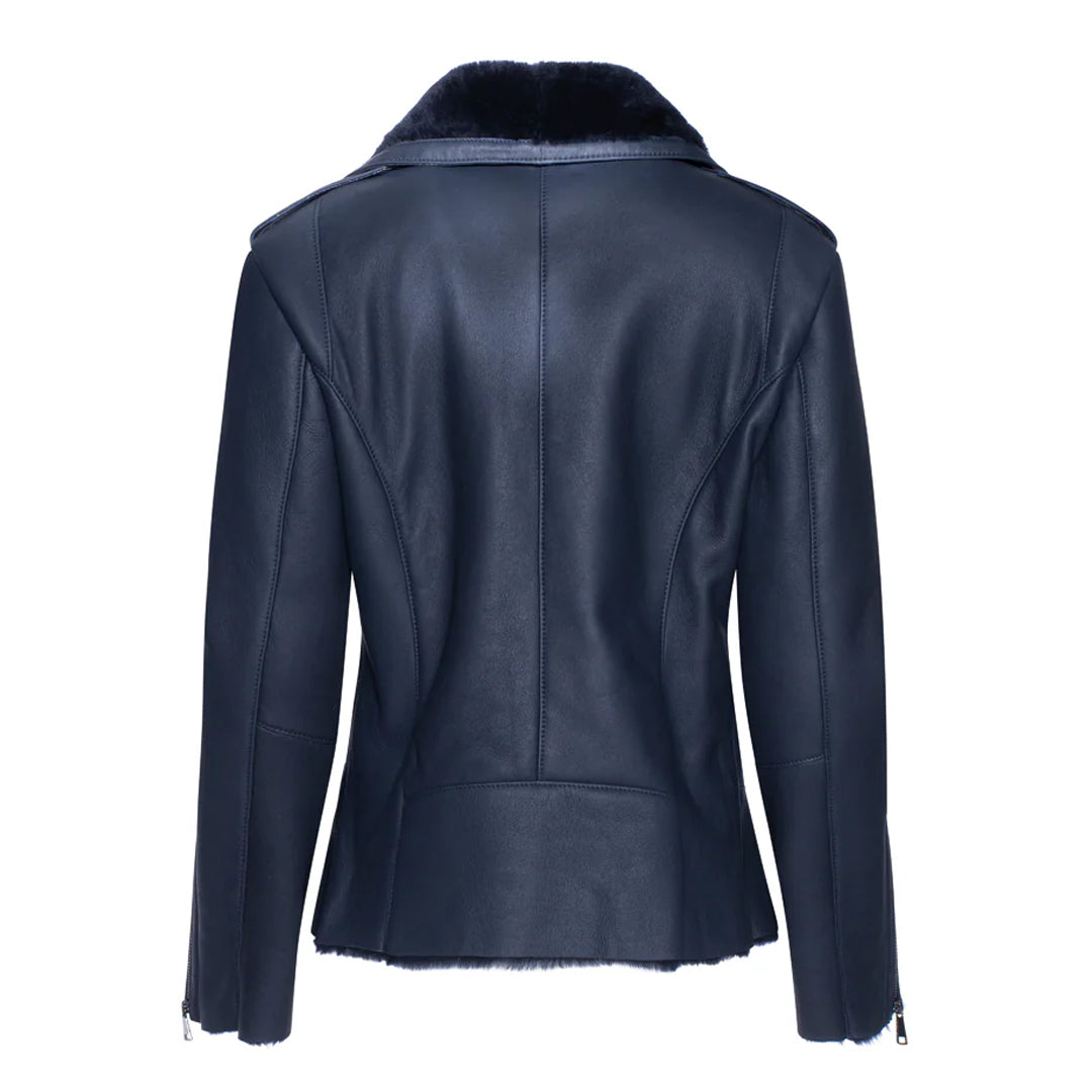 Womens Blue Shearling Straight Moto Jacket