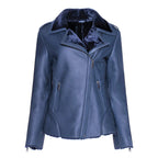 Womens Blue Shearling Straight Moto Jacket