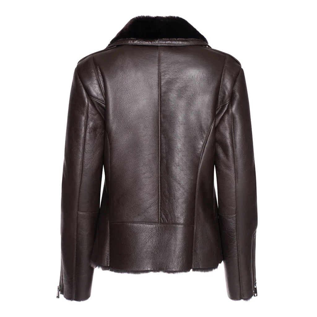 Womens Brown Shearling Straight Moto Jacket