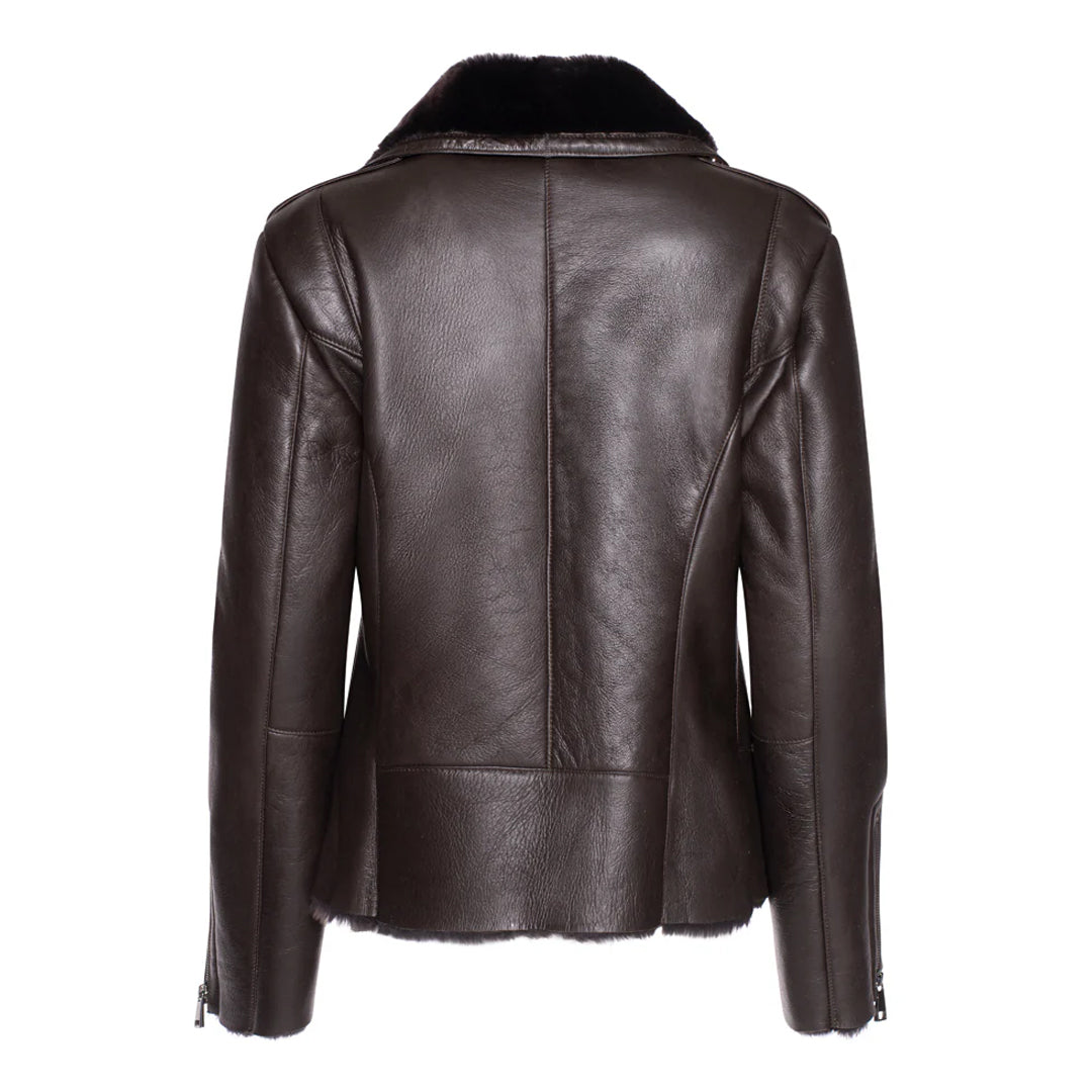 Womens Brown Shearling Straight Moto Jacket