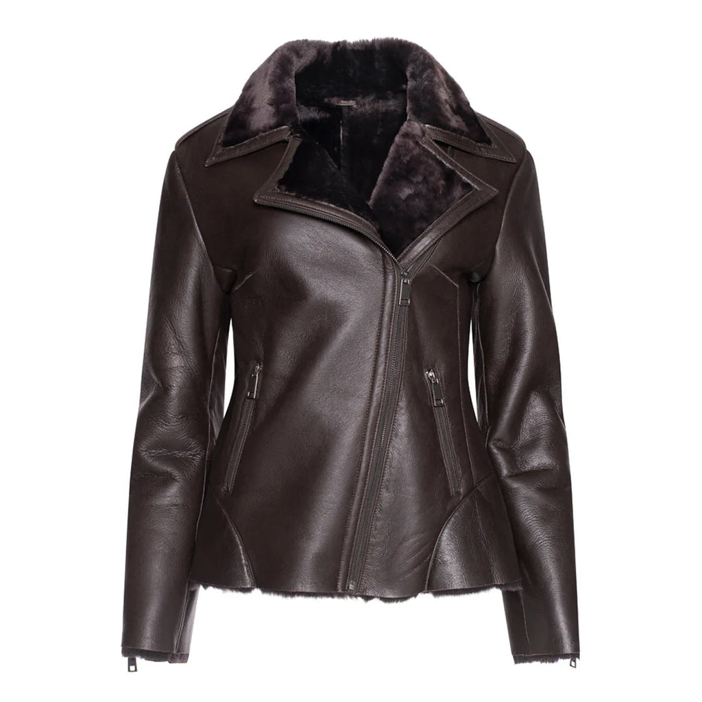 Womens Brown Shearling Straight Moto Jacket