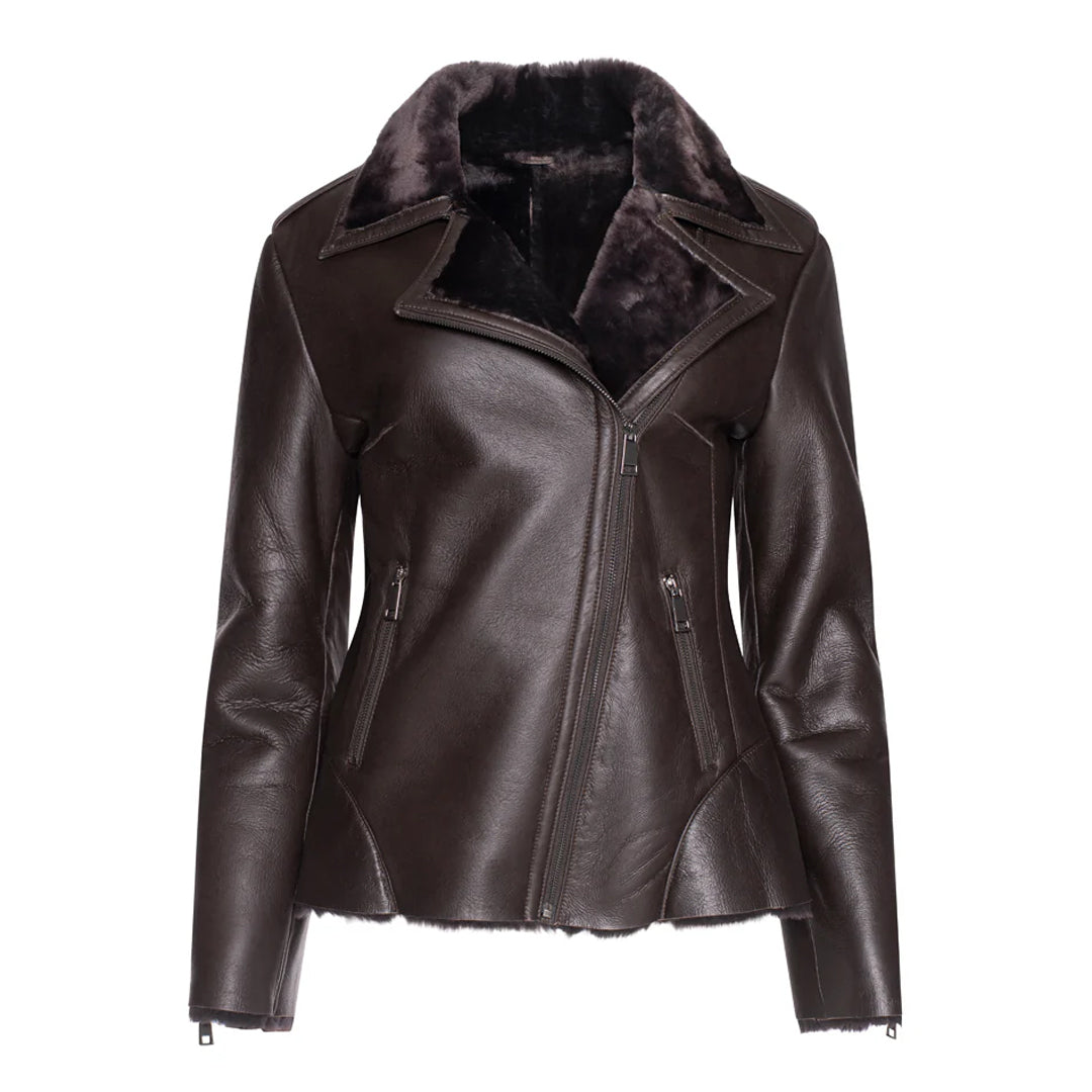 Womens Brown Shearling Straight Moto Jacket