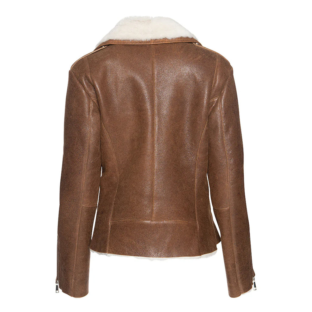 Womens Cognac Shearling Straight Moto Jacket