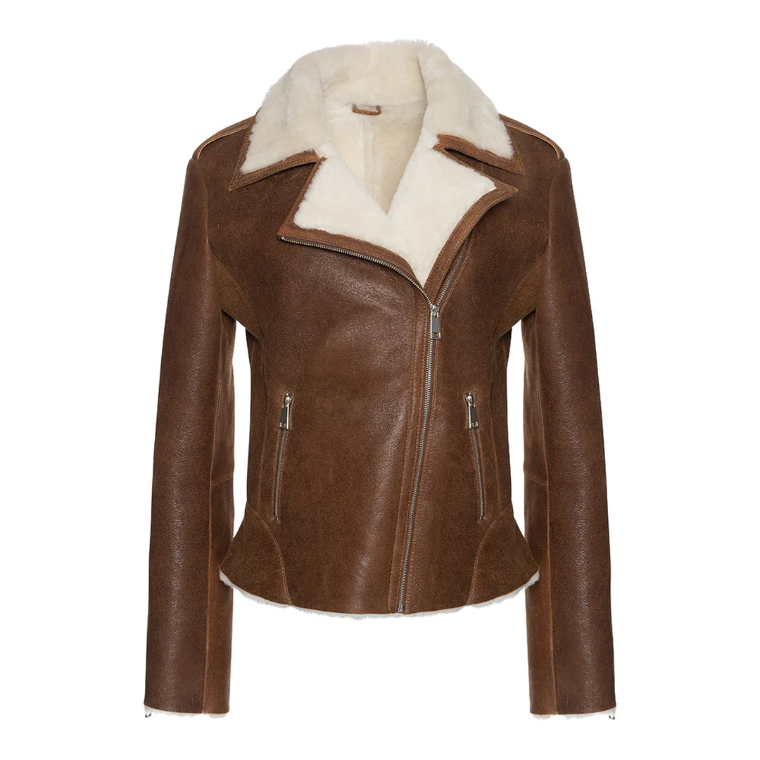 Womens Cognac Shearling Straight Moto Jacket