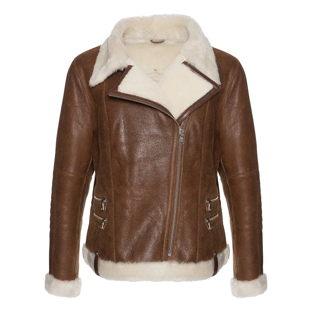 Women White Fur Merino Shearling Brown Leather Jacket