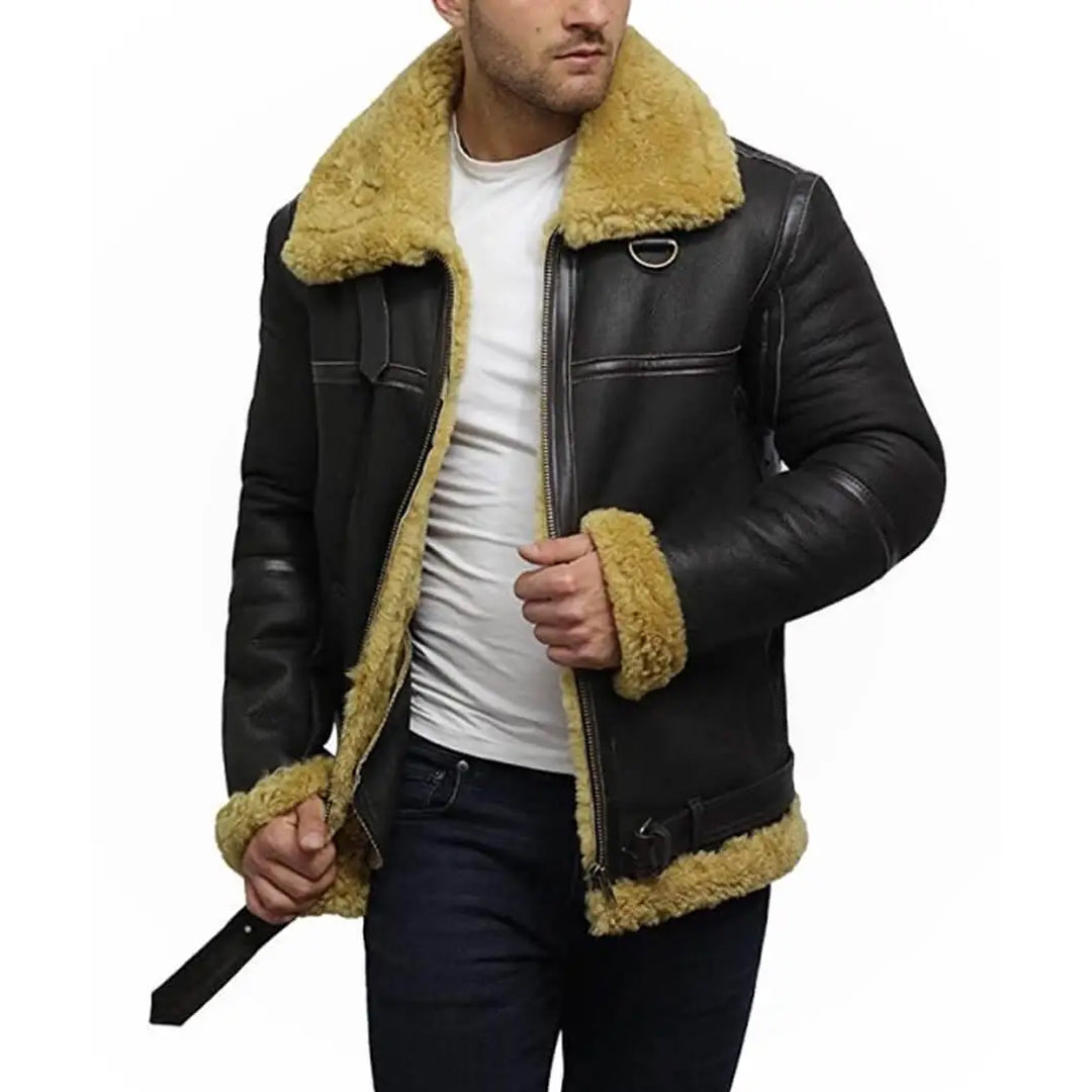Mens Real Shearling Bomber Black Leather Jacket