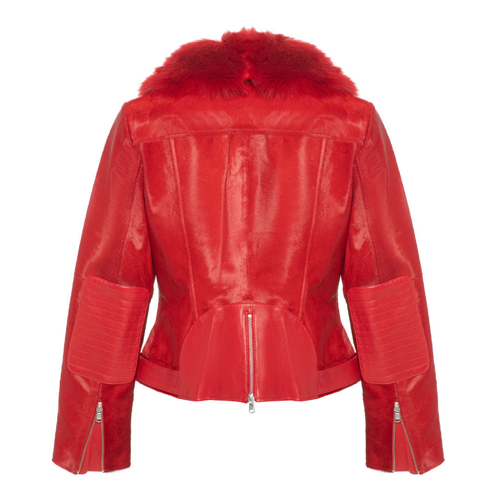 Womens Tara Calf Red Fur Red Leather Jacket