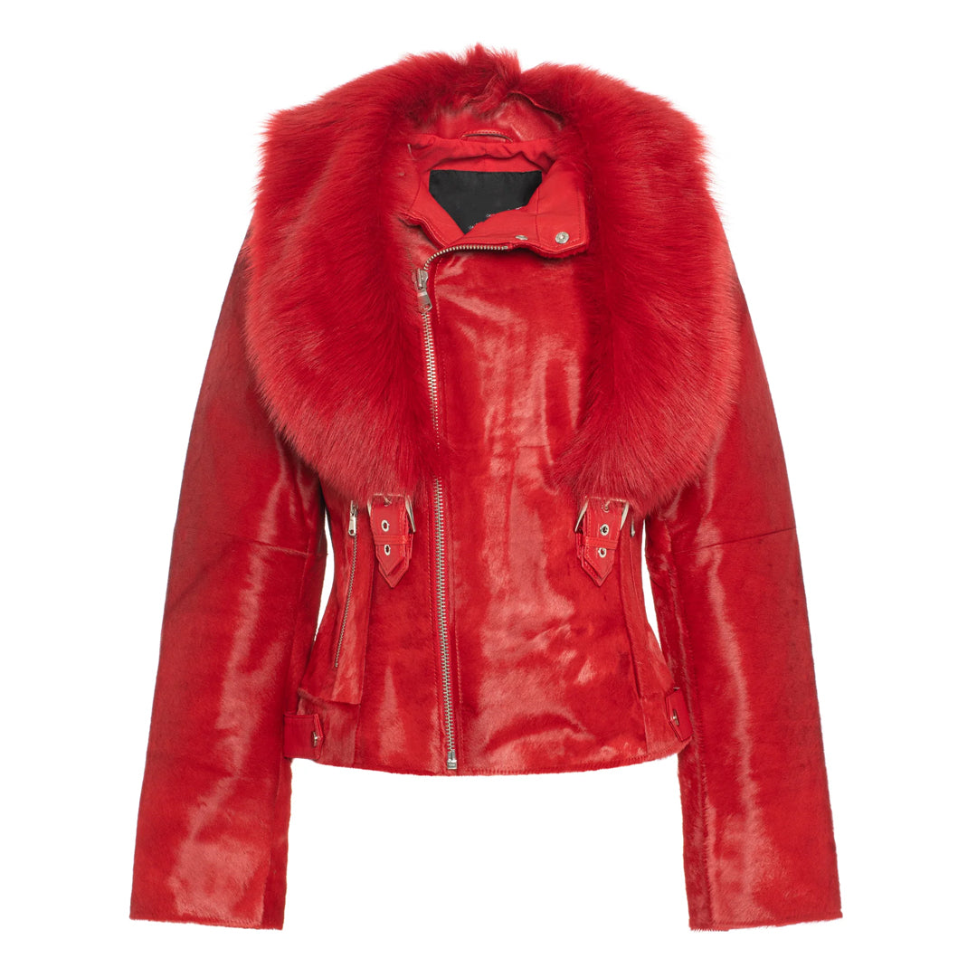 Womens Tara Calf Red Fur Red Leather Jacket