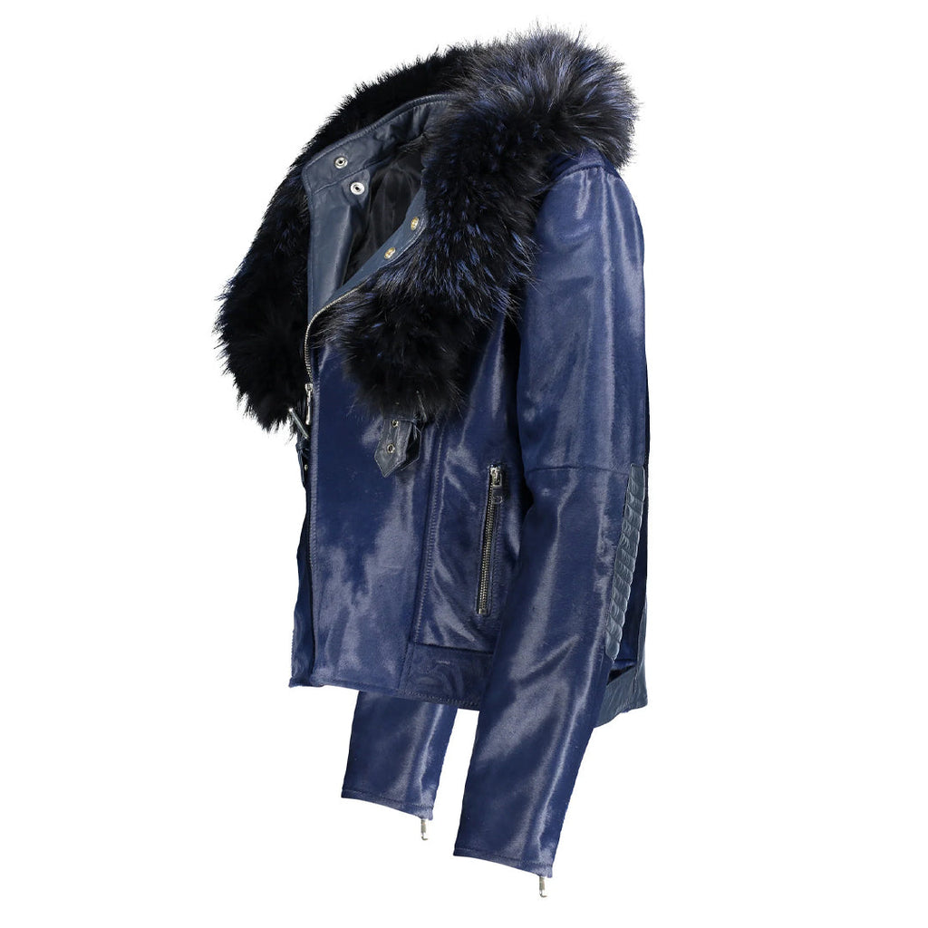 Womens Tara Calf Blue Fur Blue Leather Jacket