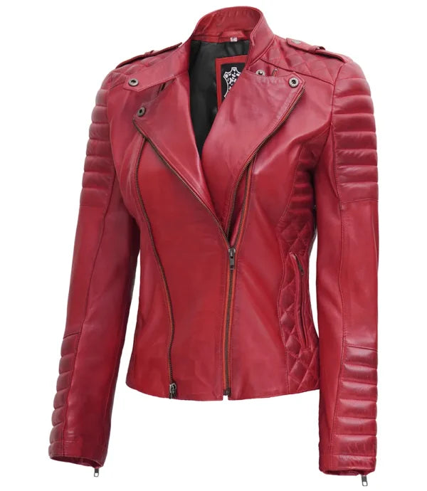 Womens Red Asymmetrical Biker Leather Jacket