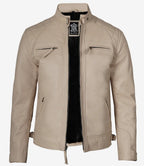 Mens Stylish Beige Cafe Racer Leather Jacket Quilted Design