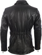 Mens Black Leather Belted Motorcycle Coat