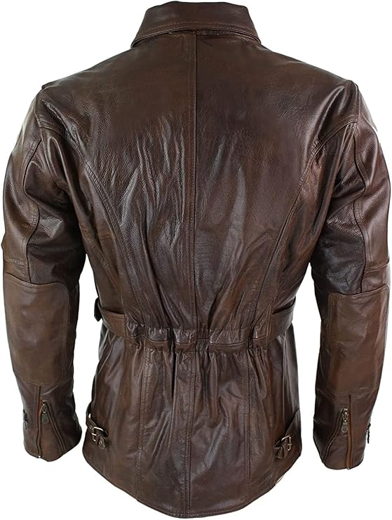 Mens Brown Leather Belted Motorcycle Coat