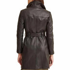 Women Brown Leather Belted Trench Coat