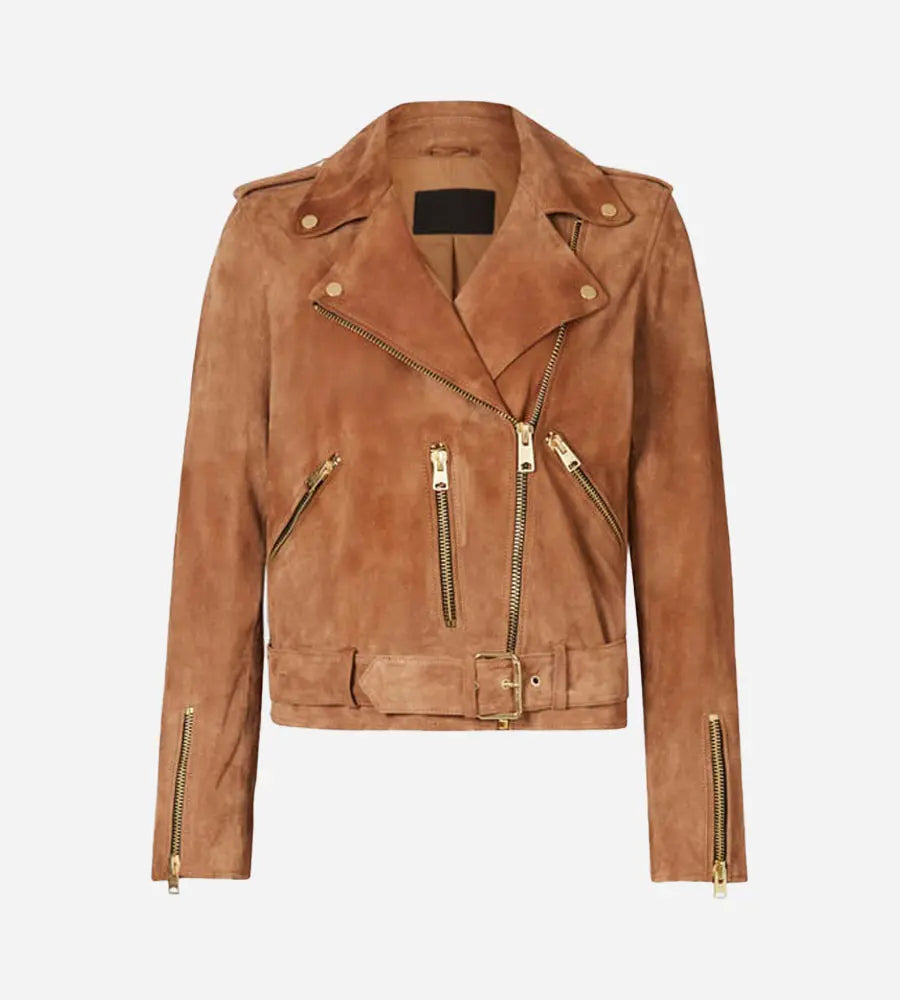 Women Biker Style Brown Suede Leather Jacket
