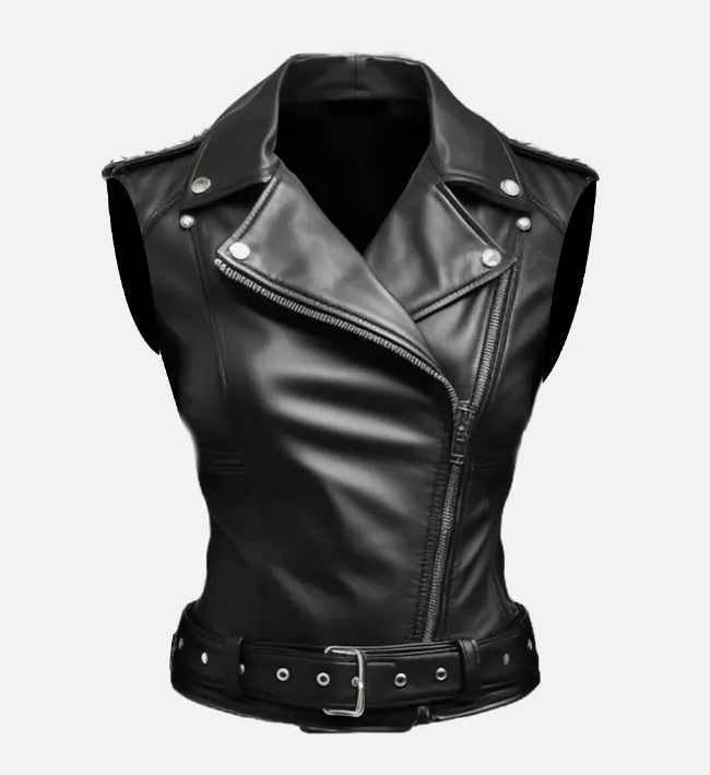 Women Black Stylish Biker Style Leather Vest
