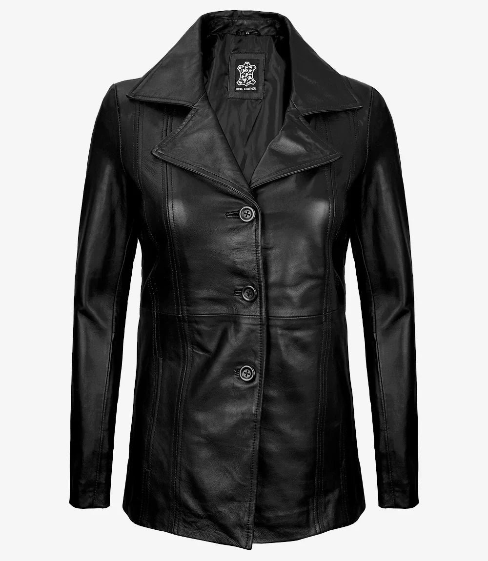 Bitonto Womens Black Leather Coat - 3/4 Length