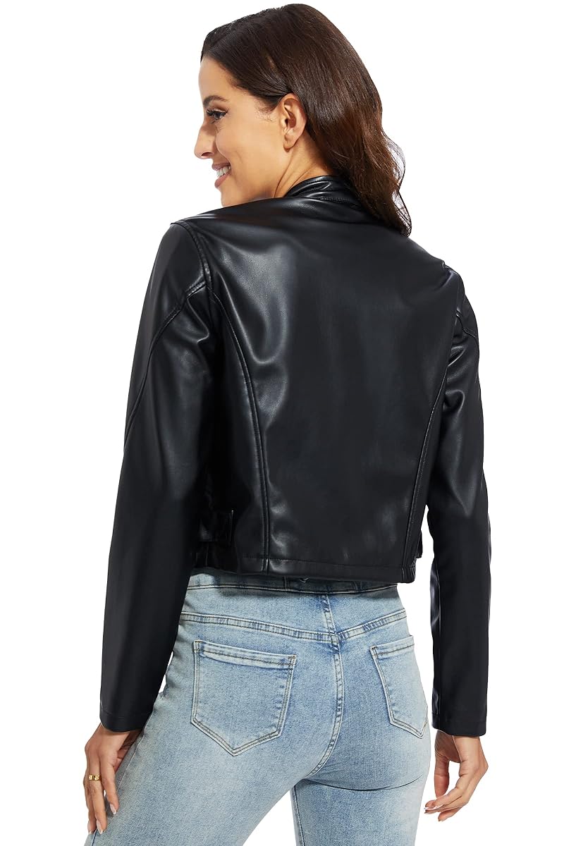 Women Cropped Black Leather Jacket