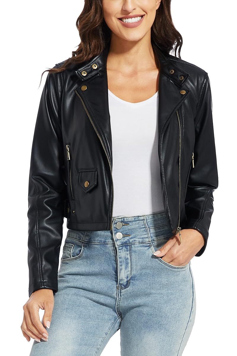 Women Cropped Black Leather Jacket