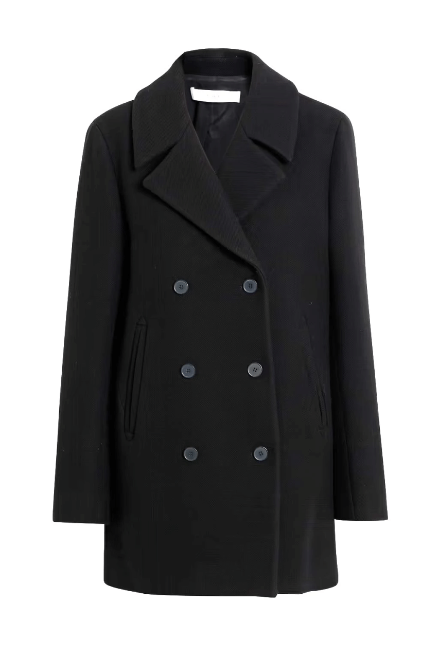 Womens Black Double Breasted Wool Coat