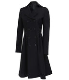 Womens Black Double Breasted Wool Trench Coat