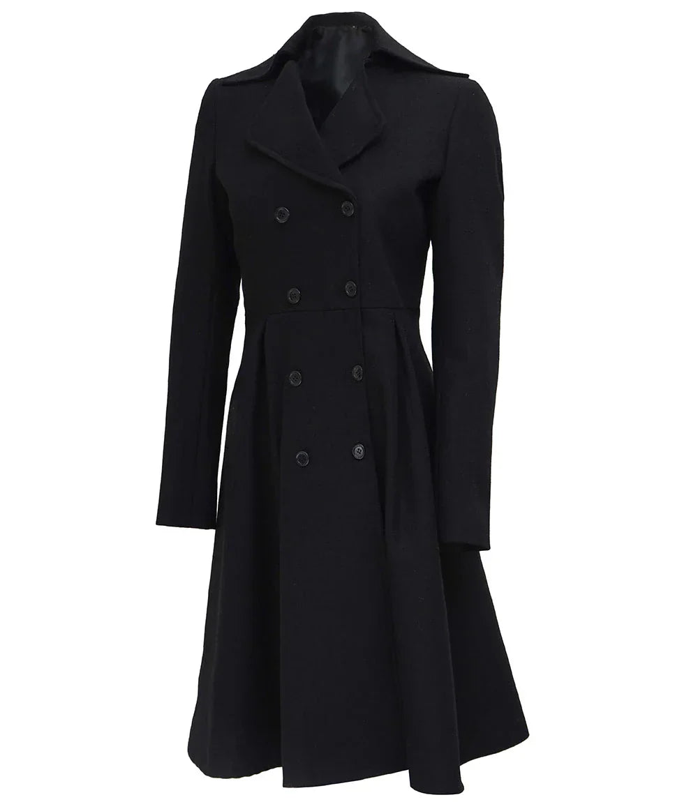 Womens Black Double Breasted Wool Trench Coat