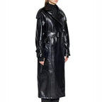 Women Genuine Leather Black Trench Coat