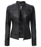 Womens Black Lambskin Motorcycle Jacket Dodge Edition
