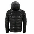 Men Genuine Lambskin Leather Puffer Hooded Black Jacket