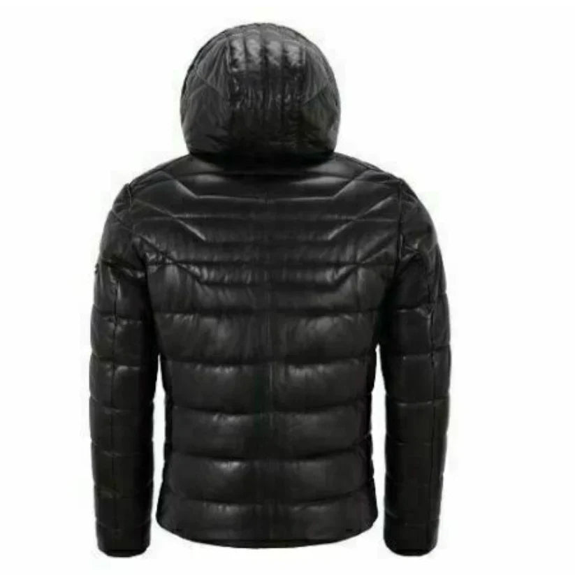 Men Genuine Lambskin Leather Puffer Hooded Black Jacket