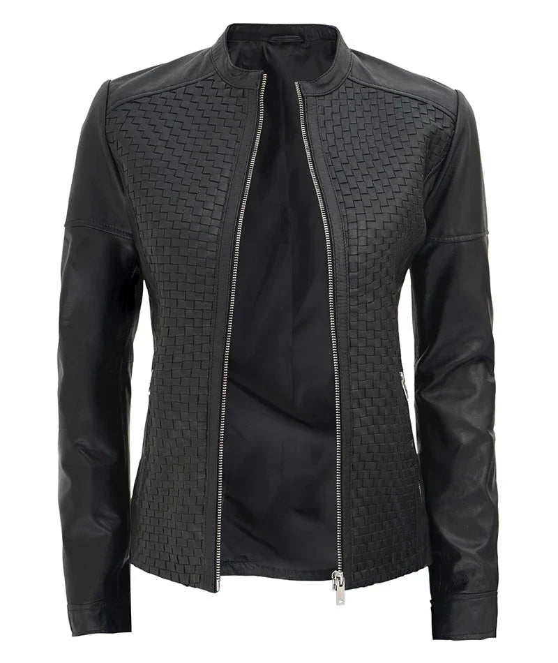 Womens Black Textured Leather Cafe Racer Jacket