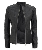 Womens Black Textured Leather Cafe Racer Jacket
