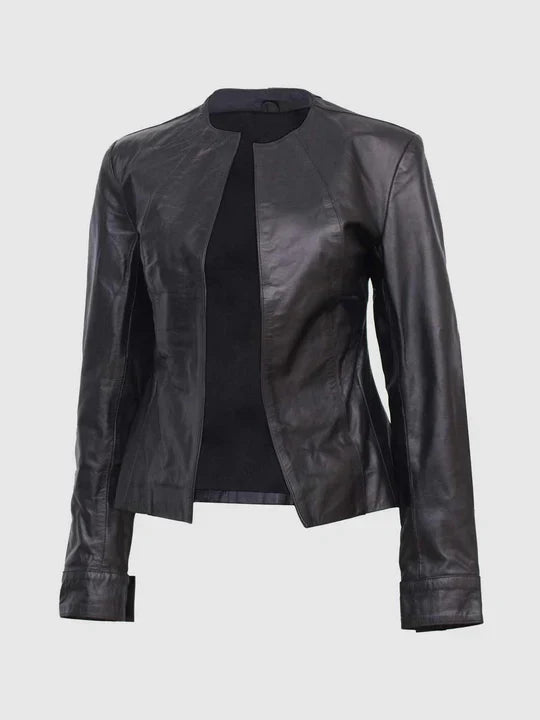 Women Black Collarless Leather Jacket