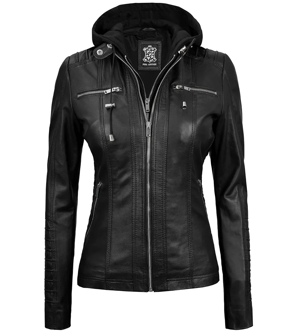 Women Black Detachable Hood Leather Jacket