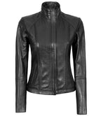 Black Leather Cafe Racer Motorcycle Jacket For Women