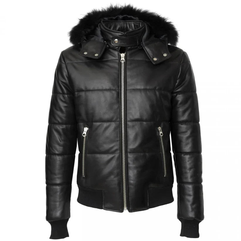 BLack Leather Winter Puffer Jacket Hood and Fur