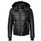 BLack Leather Winter Puffer Jacket Hood and Fur