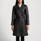 Womens Black Leather Quilted Trench Coat