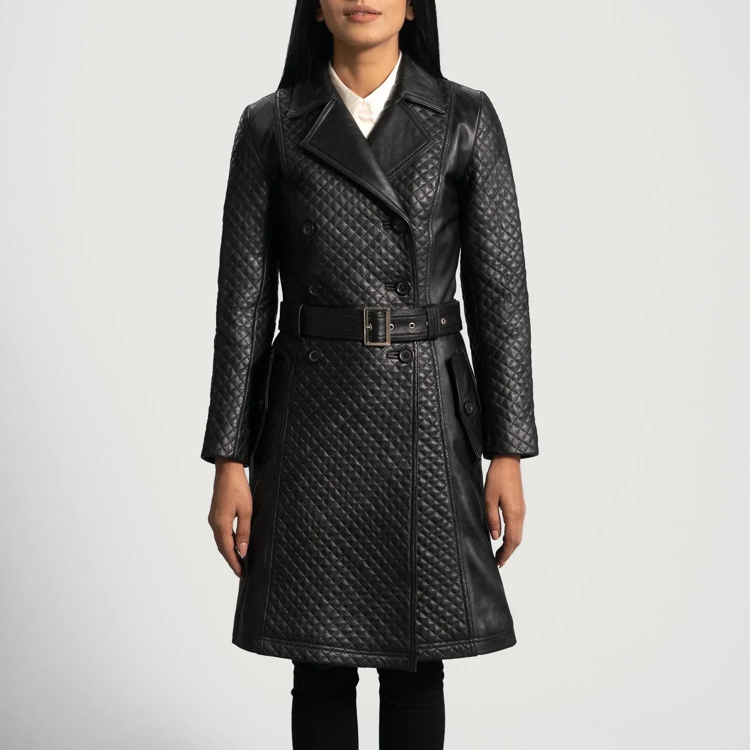 Womens Black Leather Quilted Trench Coat