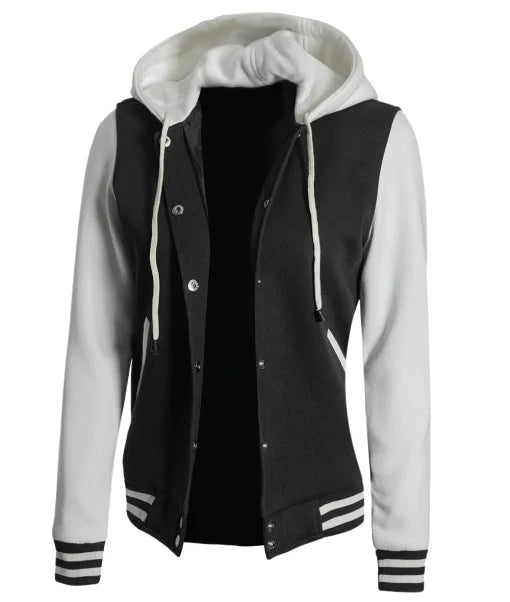 Womens Black And White Letterman Hooded Varsity Jacket
