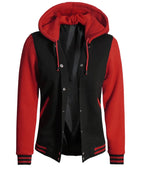 Womens Black And Red Hooded Baseball Varsity Jacket