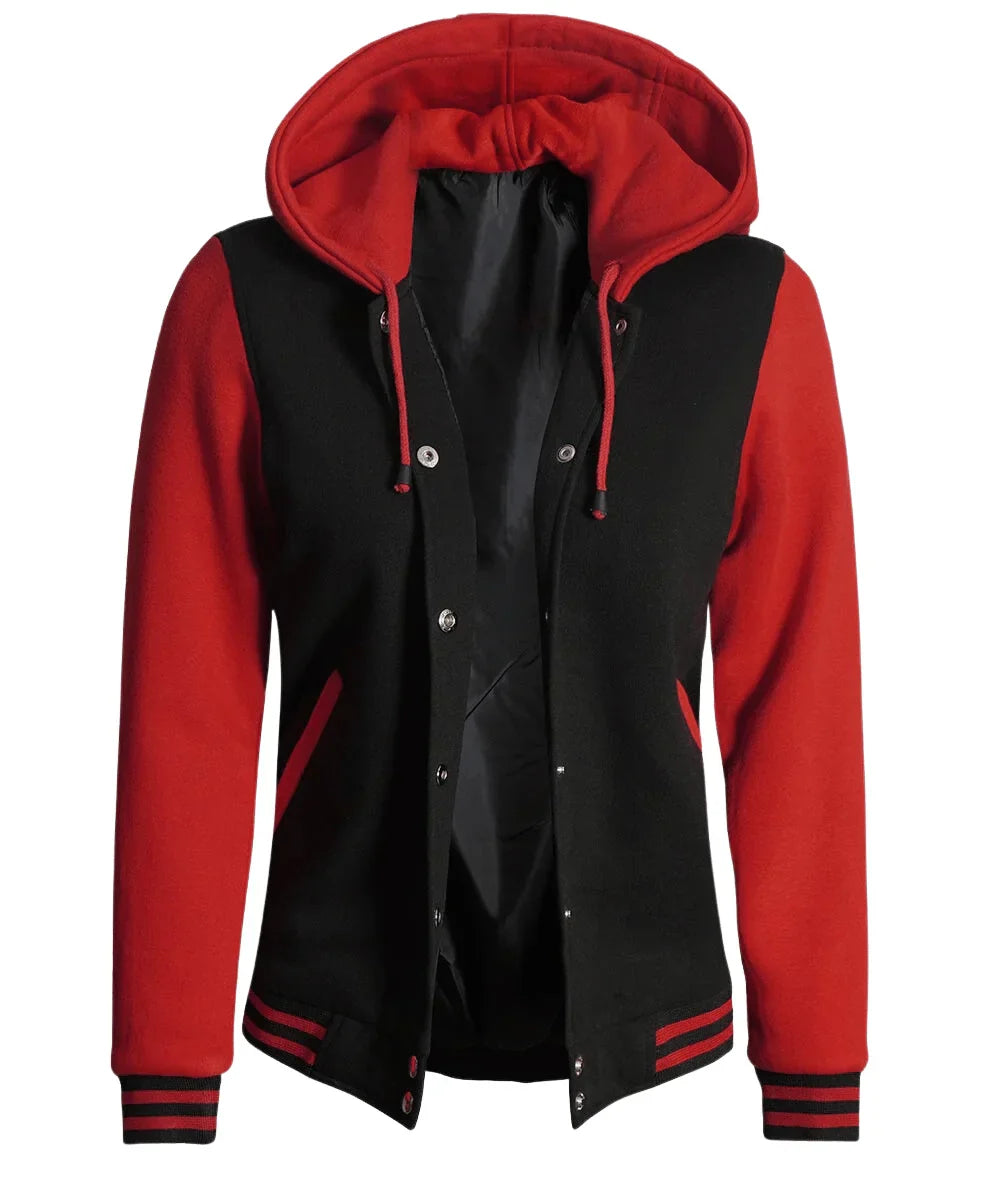 Womens Black And Red Hooded Baseball Varsity Jacket