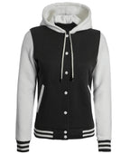 Womens Black And White Letterman Hooded Varsity Jacket