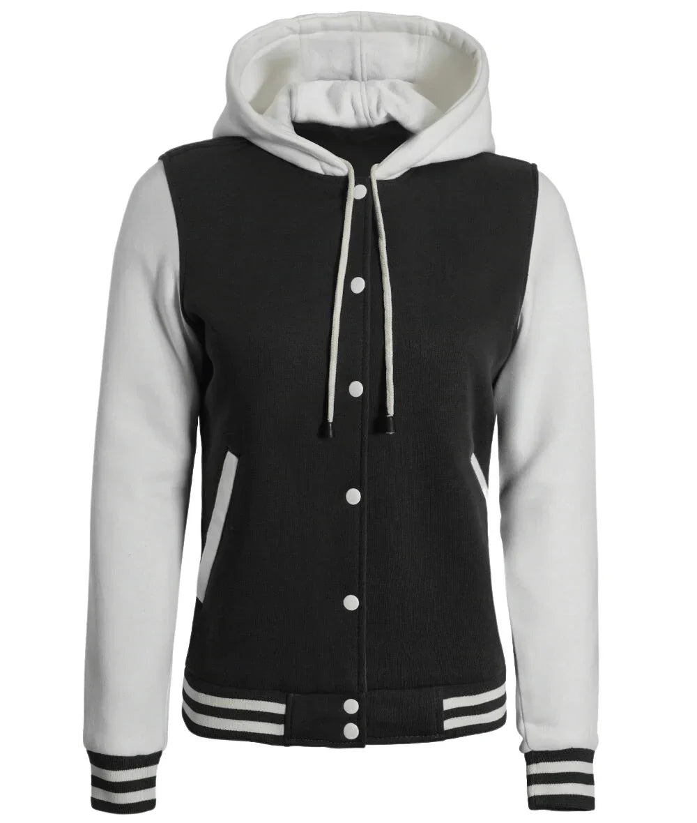 Womens Black And White Letterman Hooded Varsity Jacket