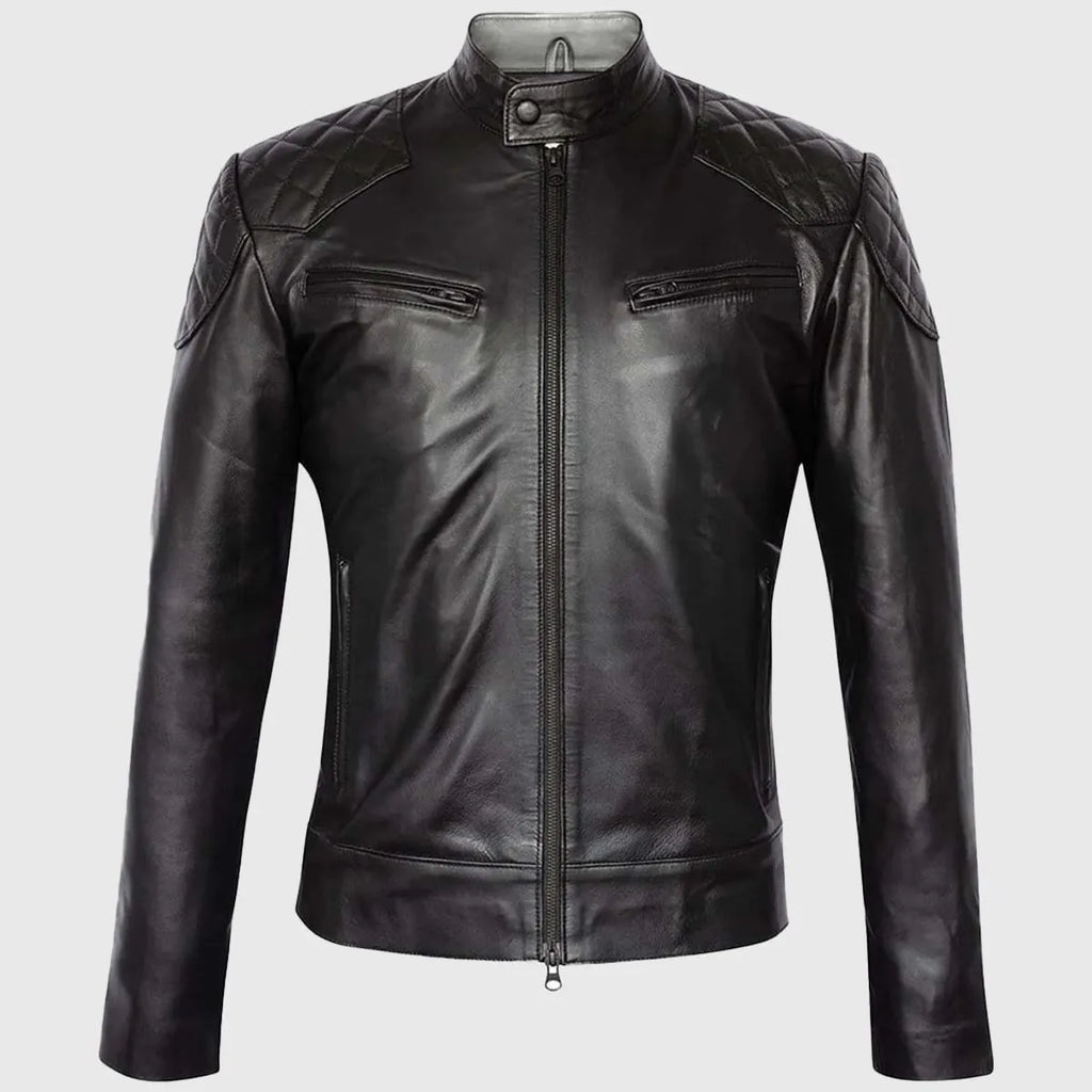 Black Quilted Cafe Racer Biker Leather Jacket