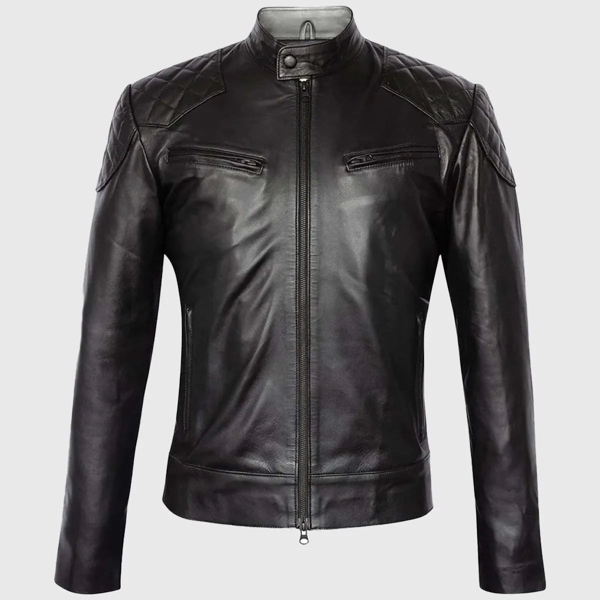 Black Quilted Cafe Racer Biker Leather Jacket
