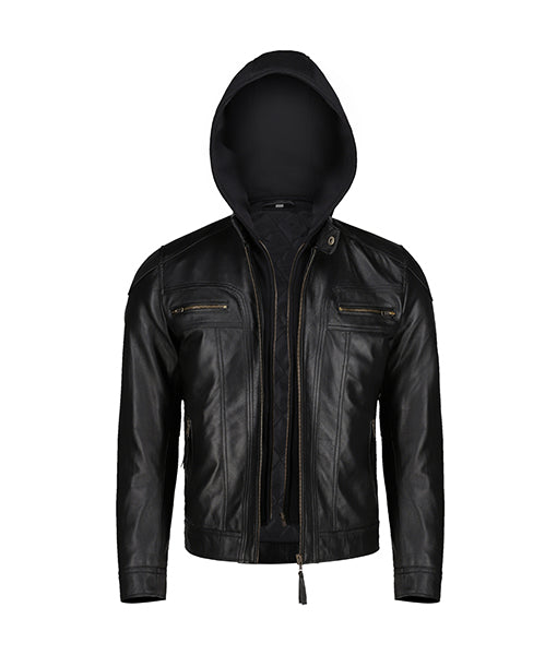 Mens Black Slim Fit Leather Jacket With Hood