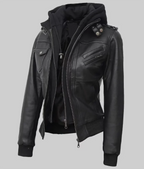 Women Tall Black Hooded Bomber Leather Jacket