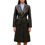 Womens Classic Black Leather Trench Coat